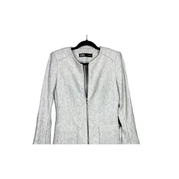 Zara Longline Herringbone Long Sleeve Jacket Blazer Zip Up Pockets M Grey #3132 - Picture 5 of 14